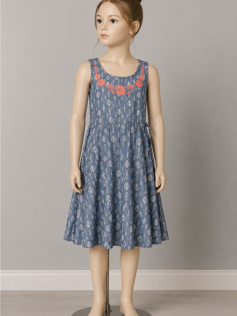 Justice Blue Chambray Geo Print Dress with Coral Floral Neckline